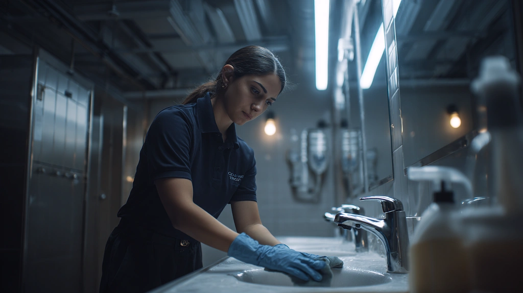 Professional cleaner wearing gloves cleaning a sink in a warehouse amenities bathroom