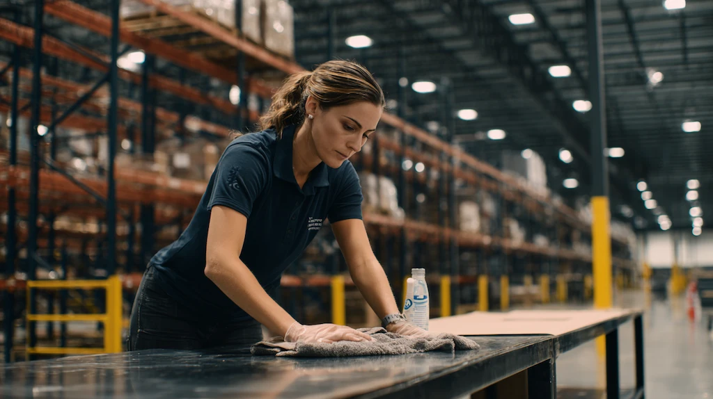 Professional cleaner wiping down a warehouse workbench with spray bottle and cloth, industrial shelving racks visible in background