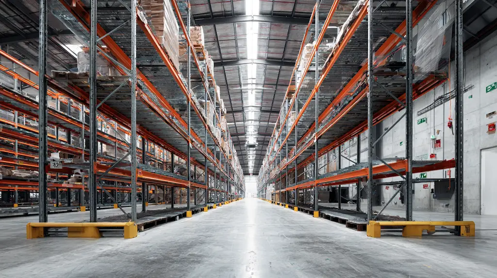 Spotless clean large Australian warehouse interior with organised shelving racks and clean concrete floors